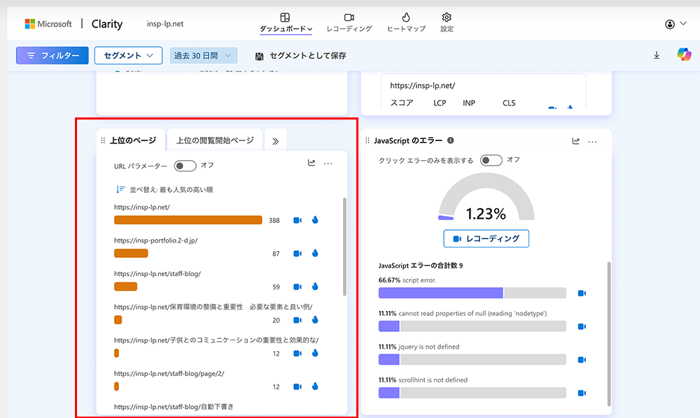 Microsoft Clarityのダッシュボード画面のページ別パフォーマンスパネルの上位のページタブのキャプチャ画像
