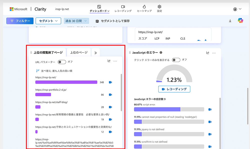 Microsoft Clarityのダッシュボード画面のページ別パフォーマンスパネルの上位の閲覧終了ページタブのキャプチャ画像
